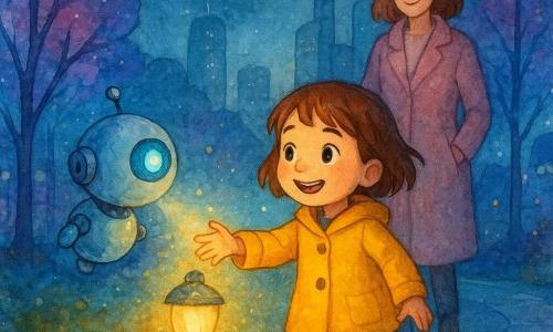 Lila, 4 lata, odważnie uśmiechnięta, krótkie brązowe włosy, żółty płaszcz i przezroczyste kalosze, wyciąga rękę do małej lampy parkowej, która delikatnie się zapala; obok unosi się Bąbel, mały kulisty robot metaliczny jasnoniebieski z turkusowym okiem, świecący miękkim promieniem na lampę; mama około 30 lat w różowym stroju stoi kilka kroków za nimi, patrząc opiekuńczo; futurystyczny park nocą ze szklanymi alejkami, przezroczystymi liśćmi drzew świecącymi fioletowo-niebiesko, gładkimi wysokimi budynkami i latającymi autobusami przypominającymi ryby w tle; scena pokazuje Lilę naprawiającą lampę z pomocą Bąbla, ciepłe światło rozlewa się wokół, akwarelowe plamy sugerują iskierki.