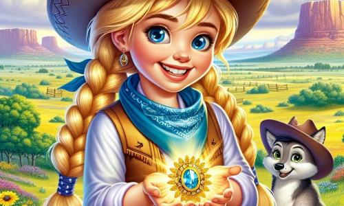Młoda cow-girl o imieniu Maja, z długimi zaplecionymi blond włosami, nosi kapelusz kowbojski i niebieską chustę na szyi. Ma zdecydowany uśmiech i błyszczące z ekscytacji oczy, trzymając w dłoniach błyszczący amulet. Obok niej mały coyote z ciekawymi oczami obserwuje scenę, lekko w tyle, jakby był trochę nieśmiały. W tle rozciąga się rozległy krajobraz preriowy, z zielonymi wzgórzami, kolorowymi kwiatami i niebieskim niebem usianym puszystymi białymi chmurami. Główna sytuacja pokazuje Maja triumfującą, która odnalazła zgubiony amulet, gotową wrócić do wioski, aby podzielić się swoją wygraną z przyjaciółmi i rodziną.