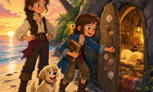 Mara, een ongeveer 10‑jarig piratenmeisje met kort bruin haar, blauwe opgerolde jas, versleten laarzen en een oud boek tegen haar borst, glimlacht verwonderd terwijl ze een kleine houten deur in een grote rotspartij duwt; Tom, een pratende vogel met geel‑groene veren, zit op haar rechterschouder en kijkt nieuwsgierig naar binnen; Noor, een sterke en zachte twaalfjarige met ingevlochten haar en handen in de zij, staat links beschermend; Pip, een beige hondje, zit met tong uit en kwispelend aan Mara’s voeten op het zand. Locatie: een klein tropisch strand bij zonsondergang met hellende palmbomen, glinsterende schelpen en zachte golven; de barstende houten deur versierd met schelpen opent op oude speelgoedjes, een zachte deken en een groot liederenboek verlicht door warme gloed, de groep straalt van vreugde en komt dichterbij om de vondst te delen.