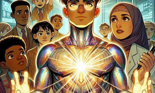 Maximus Glans, een jonge man in een glinsterend iriserend kostuum dat onder de zonlicht schittert, staat in het midden van de afbeelding met zijn armen omhoog, terwijl hij gouden lichtstralen uitstraalt. Zijn gezicht is vastberaden, met sprankelende ogen vol energie en een zelfverzekerde glimlach, terwijl hij zich voorbereidt om een bedreigende robot te confronteren. Rechts van hem staat Dr. Elara, een vrouw van ongeveer 30 jaar met een bruine knot en ronde bril, die bezorgd toekijkt met een technologisch apparaat in haar handen, klaar om Maximus te helpen. Links van hem kijkt een groep kinderen, tussen de 8 en 12 jaar oud, met bewondering, hun gezichten verlicht door het licht van Maximus, sommigen steken hun armen op als teken van steun. De scène speelt zich af in een futuristisch laboratorium, vol glinsterende machines en controlepanelen, met glazen muren die uitzicht bieden op de stad Verlichtia, badend in gouden licht tijdens de schemering. De belangrijkste situatie toont Maximus Glans tegenover een reusachtige robot met glanzende rode ogen, klaar om een krachtige lichtaanval te ontketenen om zijn vrienden en de stad te beschermen, terwijl de kinderen en Dr. Elara hem enthousiast aanmoedigen.