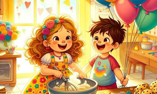 A 4-year-old girl with curly hair and a big smile stands in the center of the kitchen. She wears a colorful dress with floral patterns. Her eyes shine with excitement as she mixes cookie dough in a large bowl, a cloud of flour floating around her. Next to her, her 6-year-old brother Max, with brown hair and sparkling eyes, blows into a colorful balloon, trying to inflate it. He is dressed in a blue t-shirt and red shorts, laughing as he looks at his sister. The kitchen is warm and inviting, with yellow walls, a wooden table decorated for Mother's Day, and sunlight streaming through the windows. Colorful balloons float from the ceiling, and the scent of freshly baked cookies fills the air. The main scene shows the two children preparing a joyful surprise for their mom, filled with enthusiasm and teamwork, ready to celebrate Mother's Day with love and creativity.