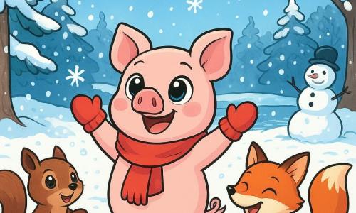 Um pequeno porquinho rosa, chamado Tobias, com grandes olhos brilhantes e bochechas rosadas, está no centro da cena, sorrindo com maravilha. Ele usa um cachecol vermelho e luvas de lã, com as patas levantadas no ar, pronto para pegar flocos de neve que caem suavemente ao seu redor. À sua direita, uma raposa ruiva chamada Lila, com pelagem vibrante e olhos brilhantes de travessura, desliza alegremente na neve, rindo de coração. À sua esquerda, um pequeno esquilo marrom chamado Gregorio, com uma cauda fofa e olhos curiosos, observa Tobias com um sorriso caloroso, segurando uma luva em suas pequenas patas. O cenário é uma floresta de inverno encantada, com árvores majestosas cobertas de neve cintilante, flocos dançando no ar e um solo branco imaculado. Ao longe, um lago congelado brilha sob o sol de inverno, enquanto pegadas levam a um boneco de neve sorridente. A cena captura o momento alegre em que Tobias, Lila e Gregorio se divertem juntos, celebrando a magia do inverno e a amizade, cercados pela beleza pacífica de uma paisagem nevada.