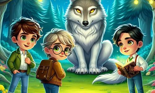 Em uma clareira encantada, três jovens amigos enfrentam corajosamente um majestoso lobo. Tomás, um garoto de 10 anos com cabelos castanhos bagunçados e olhos curiosos, está à esquerda, com as mãos nos quadris, mostrando um ar determinado. À sua direita, Miguel, um menino de 9 anos com cabelos loiros e óculos redondos, observa o lobo com uma mistura de admiração e medo, segurando um velho livro empoeirado. Por fim, Rafa, uma menina de 10 anos com cabelos longos e negros, está um pouco atrás, com os braços cruzados e uma expressão pensativa, pronta para intervir. O lobo, no centro da cena, é uma criatura imponente com pelagem prateada brilhando sob a luz da lua, seus olhos amarelos penetrantes observando as crianças com intensidade misteriosa. A clareira é cercada por árvores majestosas com folhas verdes vibrantes, e a luz da lua ilumina o chão coberto de flores coloridas, criando uma atmosfera mágica e levemente inquietante. Os crianças estão diante do lobo, prontas para descobrir a verdade por trás das lendas que o cercam, enquanto uma brisa suave faz as folhas dançarem ao seu redor, acrescentando um toque de mistério à cena.