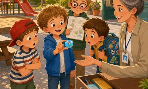There are five people: four children—Max, about 9, light brown curly hair, blue jacket and yellow shoes, standing center holding a small blue round badge with a kite design between thumb and forefinger and smiling; Ben, about 9, red cap and striped shirt to Max’s left, arms crossed and amazed; Jonah, about 9, short brown hair and sticker-covered backpack to Max’s right, leaning forward with raised eyebrows; Eli, about 9, round glasses and sketchbook behind Max, pointing at a small drawn map—and an adult woman, Mrs. Clark, 35–45, gray hair in a bun, light jacket and teacher badge, standing behind them with an open hand toward the badge as if just taking it from a partially open top-right drawer. They are in a sunny school playground with light asphalt, a sandpit, a red slide, a wooden picnic table and a school entrance with a green sign; the children are gathered around Mrs. Clark showing the found blue club badge, expressions of surprise, joy and relief, late-afternoon soft light and vivid colors.