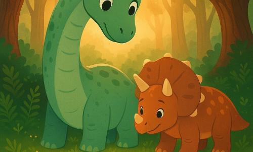 A large female diplodocus named Dara with a gentle face, round bright eyes and an awed calm expression, long neck and pale green spots, subtly textured skin, leaning into a small clearing to drink from a shimmering pool; a young triceratops called Tiko with short horns, a shy smile and a reddish-brown frill with lighter patterns stands beside her, front leg raised as if keeping watch, protective gaze toward the pool; the clearing is a circle of emerald moss with ferns and small glowing flowers around a glass-clear central pool reflecting tiny stars, sunbeams filtering between tall gnarled trunks; the two guard the sacred pool at dusk in a peaceful scene of warm saturated colors, soft contrasts, centered composition, simple readable vector style for a children's book.