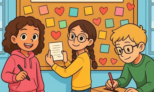 A 12-year-old girl, Maya, with curly brown hair, smiling and full of enthusiasm, stands in front of a large bulletin board decorated with colorful notes. She wears a pink hoodie and jeans, holding a pen in one hand, ready to write a new thank-you message. Next to her, Ana, another 12-year-old girl with glasses and braids, admires a poem she has hung up, a proud smile on her face. Jordan, a 12-year-old boy with blonde hair and glasses, is leaning over a box he made to collect anonymous notes, looking focused and determined. 

The setting is a bright classroom with light blue walls and windows letting in sunlight, illuminating the bulletin board filled with paper hearts and colorful messages. Crayons and markers are scattered on the tables, adding a touch of creativity to the environment.

The main scene shows Maya and her friends preparing the 