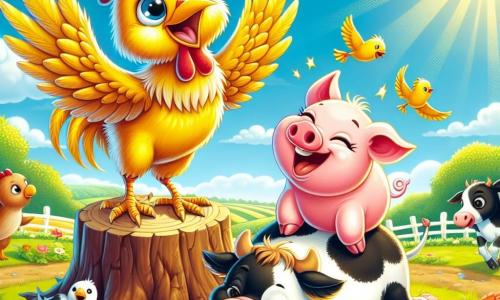 Un gallo de plumas amarillas brillantes, llamado Rufián, se encuentra sobre un pequeño tronco de madera, con las alas extendidas y una gran sonrisa en su rostro, desbordante de emoción y alegría. A su lado, una vaca dulce y redonda, Valentina, con manchas blancas y negras, levanta la cabeza riendo, mientras un pequeño cerdito rosa, Pipo, se desliza por el suelo, riendo a carcajadas, justo debajo de Rufián. Al fondo, se extiende un campo verde a perder de vista, salpicado de flores coloridas y un cielo azul brillante, donde los pájaros vuelan alegremente. La escena representa la gran fiesta de la granja, llena de música y risas, donde todos los animales bailan y se divierten juntos bajo el radiante sol.