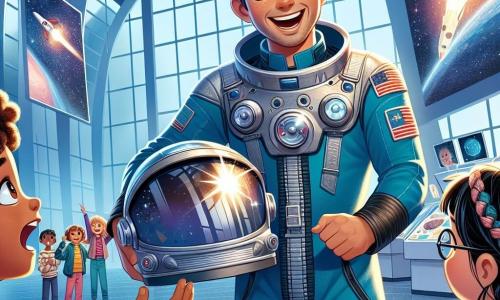 Un hombre, el Capitán Luis, sonriente y entusiasta, lleva un casco brillante bajo el brazo y un uniforme espacial azul con detalles plateados. Tiene el cabello castaño y los ojos brillantes de emoción, mientras muestra su equipo a los niños. A su lado, un niño de 10 años, con gafas y el cabello rubio desordenado, lo escucha con asombro, sosteniendo un pequeño modelo de cohete en sus manos. Una niña de 9 años, con el cabello negro trenzado y una camiseta con estrellas, levanta la mano para hacer una pregunta, con los ojos muy abiertos de curiosidad. La escena tiene lugar en un amplio Centro Espacial moderno, lleno de grandes ventanas que dejan entrar la luz de la mañana, con pantallas que muestran imágenes de planetas y cohetes brillantes de fondo. El Capitán Luis explica con pasión las maravillas del espacio a los niños, invitándolos a imaginar su propia aventura intergaláctica, rodeado de equipos futuristas y maquetas de naves espaciales.