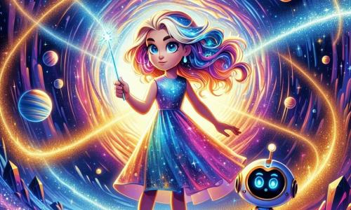 Lira, uma jovem com cabelos brilhantes como cometas, está no centro do palco, com o rosto determinado e os olhos brilhando de excitação. Ela veste um vestido cintilante nas cores das galáxias, segurando um bastão de luz em sua mão, pronta para agir. Ao seu lado, Drilo, um robô amigável com formas arredondadas e olhos luminosos, observa com curiosidade, com os braços articulados levantados como se estivesse pronto para ajudar. O cenário é uma paisagem cósmica deslumbrante, com estrelas cintilantes e planetas coloridos flutuando ao redor deles. Ao fundo, um imenso portal cósmico, rachado e brilhante, emite raios de luz dourada e azul, criando uma atmosfera mágica e inquietante. Lira e Drilo se preparam para avançar em direção ao portal, determinados a restaurar o equilíbrio da galáxia, enquanto faíscas de magia giram ao redor deles, ilustrando a urgência de sua missão.