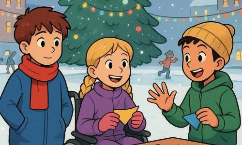 Há 3 personagens: Lucas, um garoto de 10 anos com cabelos castanhos bagunçados, usando um grande casaco azul e um cachecol vermelho, está em pé, levemente à frente, com as mãos nos bolsos, olhando a cena com curiosidade; Ana, uma menina de 9 anos com cabelos loiros trançados, vestida com um macacão roxo e luvas rosas, está sentada em uma cadeira de rodas, sorrindo e segurando um pedaço de papel colorido; Pedro, um garoto de 10 anos com cabelos pretos curtos, vestido com uma jaqueta verde e um gorro amarelo, está ao lado de Lucas, gesticulando entusiasticamente enquanto conta uma história. O local é uma charmosa praça de inverno, com uma grande árvore decorada com luzes cintilantes no centro, o chão coberto por um suave manto branco de neve e flocos caindo do céu cinza claro. Crianças patinam alegremente em uma pista de patinação próxima, cercadas por luzes coloridas e risadas. A cena principal mostra os três amigos criando uma guirlanda de papel colorido para decorar a árvore, com Lucas e Pedro dobrando e cortando o papel, enquanto Ana os incentiva com um grande sorriso. As cores vivas dos papéis contrastam com o branco da neve, e a atmosfera é alegre e acolhedora.