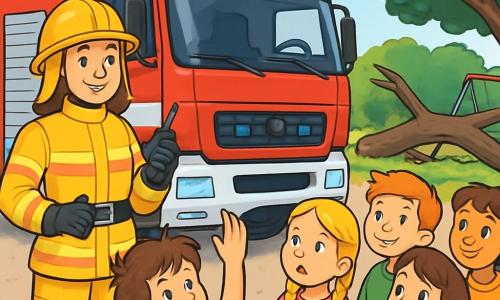 Eine Feuerwehrfrau, Lara, steht stolz neben ihrem großen roten Feuerwehrauto, mit einem warmen Lächeln und funkelnden Augen vor Aufregung. Sie trägt einen leuchtend gelben Schutzanzug, einen glänzenden Helm und schwarze Handschuhe, während sie ein Funkgerät in der Hand hält. In der Nähe beobachtet eine Gruppe von fünf Kindern im Alter von 7 bis 10 Jahren fasziniert. Ben, ein Junge mit zerzausten braunen Haaren, trägt ein blaues T-Shirt und hebt die Hand, um eine Frage zu stellen. Neben ihm schaut Clara, ein Mädchen mit geflochtenen blonden Haaren in einem rosa Kleid, mit großen Augen zu Lara. Die Szenerie ist ein sonniger Park mit üppigen grünen Bäumen, einem klaren blauen Himmel und einem kleinen Spielplatz im Hintergrund. Schaukeln und eine bunte Rutsche sind sichtbar, aber ein großer Baum ist auf einen Teil des Geländes gefallen und hat eine Notlage geschaffen. Lara erklärt den Kindern, wie sie helfen wird, den umgestürzten Baum zu beseitigen, damit die Kinder wieder sicher spielen können, und zeigt ihnen die Bedeutung von Solidarität und Teamarbeit.