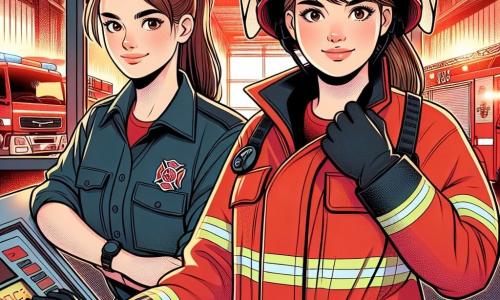 Uma jovem bombeira, Ana, de cerca de 20 anos, está orgulhosamente no centro da imagem, com um sorriso determinado no rosto. Ela usa um macacão vermelho vivo, um capacete brilhante e luvas pretas, com os cabelos castanhos presos em um rabo de cavalo. Ao lado dela, sua mentora, Júlia, uma mulher na casa dos trinta anos, com cabelos loiros curtos e um olhar encorajador, examina um painel de controle de alarme, concentrada e profissional. As silhuetas delas se destacam em um fundo de garagem de bombeiros, cheia de caminhões vermelhos brilhantes e equipamentos de resgate. Ferramentas estão penduradas nas paredes, e luzes piscantes adicionam uma atmosfera dinâmica. A cena mostra Ana e Júlia resolvendo um problema de alarme, simbolizando o espírito de equipe e a coragem diante do desconhecido.