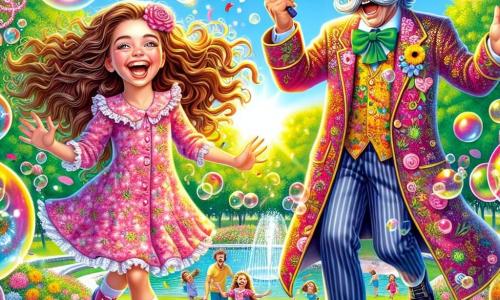 No centro da imagem, Lila, uma menina de 8 anos com longos cabelos cacheados e olhos brilhantes de travessura, está criando bolhas coloridas que flutuam ao seu redor. Ela usa um vestido rosa com estampas de flores e um sorriso radiante, mostrando sua alegria e entusiasmo. À sua direita, Don Bigodão, um homem de cerca de 40 anos com um grande chapéu excêntrico e um bigode extravagante, ri alto enquanto tenta malabarismos com bolhas que estouram ao seu redor. Ele veste um casaco colorido que contrasta com seu ar cômico. O cenário é um parque ensolarado, cheio de árvores verdes e flores vibrantes, com crianças brincando ao fundo, atraídas pelo espetáculo de Lila e Don Bigodão. A cena principal mostra Lila e Don Bigodão criando bolhas gigantes que estouram em risadas e confetes, transformando o parque em um lugar de alegria e magia, onde as risadas das crianças ecoam no ar.