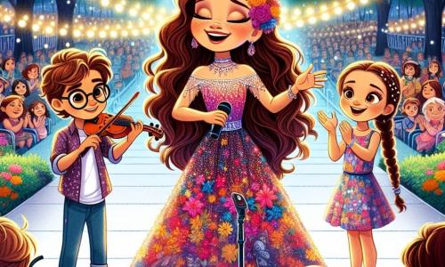 Clara, uma jovem com longos cabelos castanhos ondulados e um sorriso radiante, está no centro de um palco de concerto, vestida com um vestido colorido que brilha sob as luzes. Ela canta com paixão, de olhos fechados, sentindo a música ao seu redor. Ao seu lado, Miguel, um garoto de 10 anos com óculos e cabelos bagunçados, observa Clara com admiração, segurando um pequeno violino. Ana, uma menina de 9 anos com tranças e um vestido florido, está um pouco afastada, aplaudindo entusiasticamente com os olhos brilhando de alegria. O local é um parque verdejante, cheio de flores coloridas e árvores majestosas, onde uma multidão de famílias e crianças se reuniu para ouvir a música. Luzes penduradas acima do palco criam uma atmosfera festiva e mágica. A cena principal mostra Clara cantando no palco, cercada por seus jovens admiradores, enquanto juntos criam uma melodia alegre, cheia de energia e felicidade, cativando o público com sua paixão pela música.