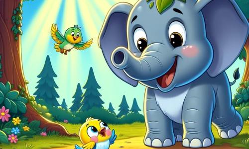Um elefante alegre chamado Lelo, com grandes orelhas que flutuam como folhas verdes, está à beira de uma poça brilhante, seus olhos brilhando de curiosidade. Ele tem uma pele cinza e suave, e um sorriso largo que demonstra seu entusiasmo. Ao lado dele, um pequeno pássaro colorido chamado Pip, com penas amarelas e azuis, voa ao redor de Lelo, cantando alegremente e mostrando sua amizade. A cena se passa em uma floresta mágica, onde as árvores são altas e majestosas, seus troncos adornados com flores vibrantes e cipós cintilantes. Raios de sol penetram através da folhagem, iluminando a poça que brilha como um espelho sob o céu azul. Nesse momento, Lelo descobre a poça mágica que lhe permite falar com as estrelas, enquanto Pip o incentiva animadamente, pronto para acompanhá-lo nessa aventura fascinante.