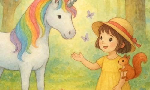 O unicornă strălucitoare, binevoitoare, cu blană albă perlă, coarnă argintie răsucită şi coamă curcubeu plutitoare se înclină prieteneşte; în faţă, spre stânga, stă Ana, fetiță de circa 6 ani cu păr scurt, brun, purtând o rochiță galbenă şi o pălărie, zâmbind şi întinzând mâna către unicorn; pe umărul ei drept e o veveriță roșcată cu ochi vioi; scena are loc într-o poiană de pădure magică cu mușchi verde, flori colorate şi raze de soare aurii printre trunchiuri texturate, tonuri pastelate de acuarelă, câteva fluturi violeți, primul lor întâlnire prietenoasă plină de mirare şi bucurie.