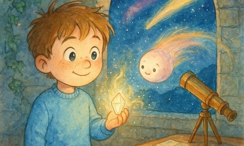 Un băiat de 6 ani cu fața rotundă și pistrui, ochi mari uimiți și păr castaniu deschis desfăcut, zâmbind timid, ține un mic cristal luminos în mâna dreaptă; poartă un pulover bleu și pantaloni bej, stând lângă o fereastră rotundă întredeschisă a unui observator. O cometă antropomorfizată numită Kira, sferă strălucitoare cu reflexe roz-argintii, emite filamente de lumină și plutește la înălțimea copilului lângă fereastră, înclinată ca și cum ar șopti, cu o expresie blândă și încurajatoare. În fundal, un telescop din alamă punctează cerul înstelat, podeaua este din lemn cu reflexe calde, iar hărți stelare și cărți deschise sunt împrăștiate în jur. Observatorul, așezat pe un deal, are pereți de piatră acoperiți de iederă fosforescentă; afară se vede o galaxie colorată și o cometă trecătoare cu coadă irizată. Scena principală: băiatul întinde cristalinul către o mică cometă adormită în centrul unei săli luminoase; lumina cristalului eliberează volute sclipitoare. Atmosferă magică, culori pastel vii, joc de lumină aurie și albastră, texturi acuarelă și stropi controlați pentru a accentua praful de stele.
