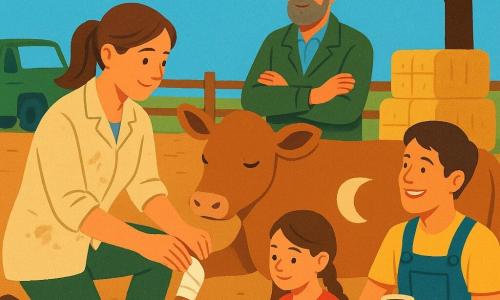 Una mujer veterinaria sonriente y concentrada de unos 30–35 años, cabello castaño recogido en cola, con bata beige manchada de tierra, arrodillada junto a la vaca para limpiar y vendar con manos calmadas una pequeña herida; a su lado el señor Martín, hombre de unos 50 años con chaqueta verde y sombrero de paja, la observa con gratitud y alivio, brazos cruzados; la niña Ana, de 11 años, con trenza, camiseta roja y vaqueros, está sentada sobre una manta a la sombra de un árbol dibujando una pequeña vaca; el joven Pablo, de 22 años, con mono azul, sentado junto a Ana, sostiene una taza de sopa y sonríe mirando a la veterinaria; la vaca Luna es grande y mansa, pelaje marrón claro con una mancha blanca en forma de luna en el flanco, una pata delantera vendada y mirada tranquila; el lugar es un corral de tierra a plena luz, con pacas de heno, una furgoneta verde al fondo y un gran árbol que da sombra; ambiente cálido, colores planos y contrastados, formas simples y estilo de póster infantil con textura de lápiz suave.