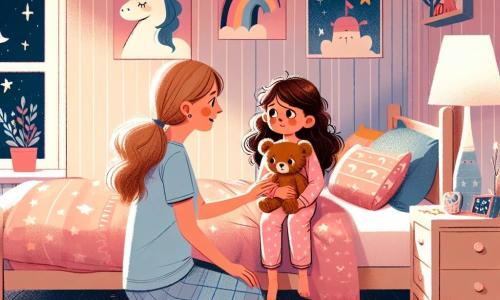In een warme kamer zit een 7-jarig meisje, Lotte, met bruin, krullend haar op haar bed. Ze draagt een roze pyjama met sterren en knuffelt een teddybeer genaamd Beer. Lotte's moeder, een lieve vrouw van ongeveer dertig met lang blond haar, zit naast het bed, glimlachend en troostend. De kamer is versierd met pastelwanden, posters van eenhoorns en fonkelende sterren. Een nachtlampje verspreidt een zachte gloed, waardoor een rustgevende sfeer ontstaat. Speelgoed ligt verspreid over de vloer, en een raam toont een sterrenhemel buiten. Lotte kijkt bezorgd naar haar moeder, terwijl deze haar zachtjes geruststelt. Lotte houdt haar teddybeer stevig vast, terwijl het licht van de lamp hun gezichten verlicht en de duisternis om hen heen verdwijnt.