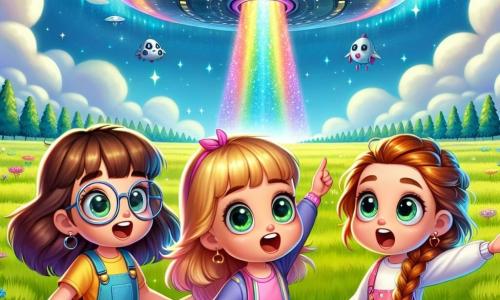 Im Vordergrund stehen drei Mädchen, Lisa, Anna und Mia, neun Jahre alt, auf einer weitläufigen grünen Wiese. Lisa mit braunen Haaren und runden Brillen lächelt fröhlich und zeigt zum Himmel. Anna mit lockigen blonden Haaren schaut mit weit aufgerissenen Augen, begeistert von einem herabkommenden Raumschiff. Mia mit kastanienbraunen Haaren und einem Zopf macht eine überraschte Geste mit erhobenen Armen. Im Hintergrund schwebt ein leuchtendes Raumschiff in Regenbogenfarben sanft über der Wiese. Der Himmel ist strahlend blau, mit flauschigen weißen Wolken, und Sterne beginnen am Horizont zu funkeln. Die Hauptsituation zeigt die Mädchen, die begeistert drei kleine freundliche Außerirdische mit großen Augen und glitzernden Kostümen empfangen. Die Außerirdischen, Zeelo, Miri und Filo, schweben leicht über dem Boden, lächeln und strecken die Arme zu den Mädchen aus, bereit, ihr unglaubliches intergalaktisches Abenteuer zu teilen.