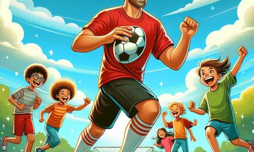 Un hombre alto y musculoso, llamado Diego, está en el centro de la imagen, con una amplia sonrisa en su rostro. Lleva una camiseta de fútbol roja y pantalones cortos negros, y está driblando un balón de fútbol en un campo verde, rodeado de niños. A su derecha, una niña de 8 años, Ana, con cabello castaño y gafas, salta de alegría levantando los brazos. A su izquierda, un niño de 9 años, Juan, con cabello rubio despeinado y una camiseta azul, corre hacia Diego, listo para recibir el balón. El lugar es un gran campo deportivo soleado, con árboles verdes de fondo y niños jugando y riendo alrededor. El cielo es azul con algunas nubes blancas, creando una atmósfera alegre y dinámica. La situación principal muestra a Diego jugando con los niños, compartiendo risas y trucos de fútbol, ilustrando la alegría de jugar juntos y la importancia de la amistad en el deporte.