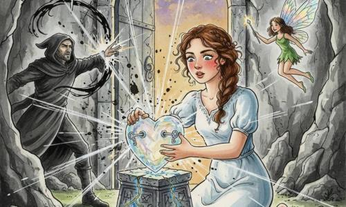 Elara, a young woman (~20), expressive and determined with rosy cheekbones and chestnut curly hair in a loose braid, kneels with her hands on a translucent crystal heart, eyes bright and mouth slightly open in wonder; Lira, a tiny palm-sized female fairy with iridescent holographic wings, hovers to Elara's right, smiling and waving a thin wand; the Shadow Sorcerer, a ~40-year-old hooded dark figure, is pushed back at left background by black ink tendrils halted by bursts of light; the crystal heart sits on a cracked rune-engraved stone pedestal, emitting blue and gold veins of light up the cave-chamber walls of rough grey rock with thin stalactites and a green moss floor, a large stone door behind Elara opens onto a violet-gold sky; Elara inserts two sparkling keys into the heart and sharp beams of light scatter dark ink droplets — centered composition on her gesture, high contrast between dark ink strokes and colorful light spots, sumi-e style with fluid black ink washes for shadows, watercolor touches for the crystal and wings, visible paper texture, expressive clean line, fairy-tale atmosphere.