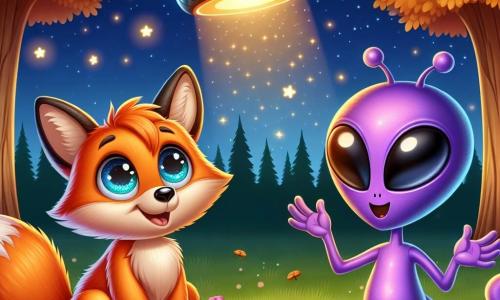 A small fox with sparkling eyes and bright orange fur, with a bushy tail, looks in wonder at a shiny silver acorn-shaped spaceship, shimmering under the starlight. It sits on the green grass, its ears perked up, full of curiosity and excitement. Next to it, a small alien with big round friendly eyes, purple skin, and long flexible arms smiles joyfully. It floats slightly above the ground, arms open, ready to share its happiness and discovery. The scene takes place in an enchanted clearing surrounded by tall trees with golden leaves, illuminated by fireflies dancing in the night air. The sky is dotted with twinkling stars, creating a magical atmosphere. The fox and the alien meet for the first time, exchanging amazed looks and smiles, ready to embark on an unforgettable adventure together under the starry sky.