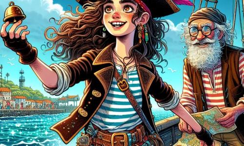 Una giovane donna pirata, Livia, si erge orgogliosa sul ponte della nave 