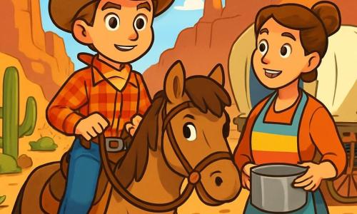A young cowboy, Jake, about 12 years old, wearing a wide-brimmed cowboy hat, a red plaid shirt, and denim pants, is sitting on his horse Dusty. His face shows courageous determination, with bright eyes and a confident smile. Next to him, Clara, a woman in her thirties with brown hair in a bun, wearing a colorful apron and holding a large pot, looks at Jake with an encouraging expression, standing near the trailer camp. The setting is Bandit Canyon, a wild landscape with steep cliffs, red rocks, and mysterious shadows. Cacti and thorny bushes dot the dusty ground, while a bright blue sky stretches above. The main situation shows Jake ready to venture into the canyon in search of Thunderhoof, the missing horse, with visible footprints in the sand. The air is filled with tension and excitement as Jake prepares to face the unknown.
