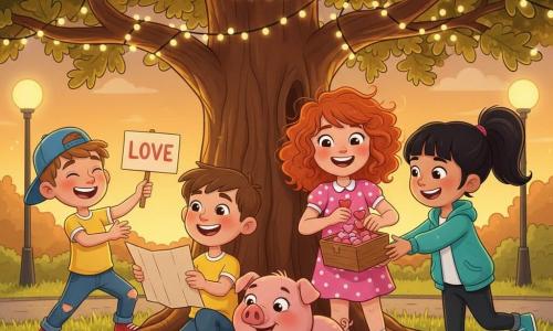 The scene shows 10-year-old Lily, radiant and joyful with messy curly red hair and a pink polka-dot dress, opening a small wooden box of heart-shaped candies under a large oak decorated with string lights; 10-year-old Mia, smiling with a black ponytail and turquoise jacket, reaches for a candy at Lily's right; about 9-year-old Ben, enthusiastic and blushing in a yellow t-shirt and red sneakers, kneels left by the tree showing an unfolded treasure map; about 9-year-old Josh, mischievous and laughing in a backward blue cap and ripped jeans, stands slightly back left holding a paper sign reading Love; a small round pink pig named Penny with a heart-shaped collar sniffs the candies in the foreground between Lily and Mia; the park at dusk has green grass, colorful flowers and warm golden light from hanging lights, creating a festive Valentine’s atmosphere of sharing and joy as the children gather around the treasure box, laughing and offering candies.