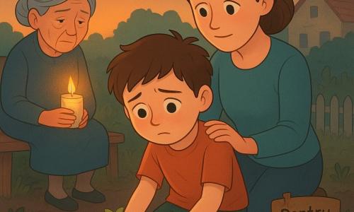 Un băiat de 10 ani cu fața rotundă și păr brun în dezordine îngenunchează în pământ, o mână pe o tulpină verde fragilă și cealaltă ținând o sămânță brun-închisă; mama (~35 ani) cu părul prins, privire blândă, stă în spate cu mâna pe umărul lui; bunica (~70 ani) cu părul gri în coc, așezată pe o bancă în stânga, ține o lumânare aprinsă într-un borcan; grădină de la țară la amurg, pământ umed, o placă mică cu inscripția „Pentru bunicul”, un răsărit verde tânăr lângă sămânță, lumină caldă a lumânării și umbre lungi; scenă concentrată pe gestul tandru al băiatului, atmosferă liniștitoare, ilustrație vectorială simplă, contururi clare și paletă pastel caldă.