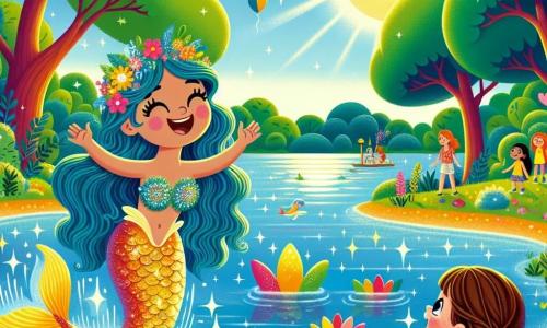 O sirenă numită Marina, cu părul lung și ondulat de un albastru strălucitor și o coadă strălucitoare cu solzi aurii, înoată vesel într-un lac magic, fața ei radiază fericire și speranță. Lângă ea, o fetiță pe nume Ana, de aproximativ 8 ani, cu părul brun împletit și o rochie colorată, o observă uimită pe sirenă ținând flori în mâini. Lacul este înconjurat de copaci mari cu frunze verzi strălucitoare, iar flori colorate cresc pe malurile sale, în timp ce soarele strălucește pe un cer albastru deschis, creând reflexii strălucitoare pe apă. Situația principală îi arată pe Marina și Ana, unite prin prietenia lor, pregătind o petrecere pe malul lacului pentru a sărbători magia apei, cu baloane plutind în aer și râsete răsunând în jurul lor.