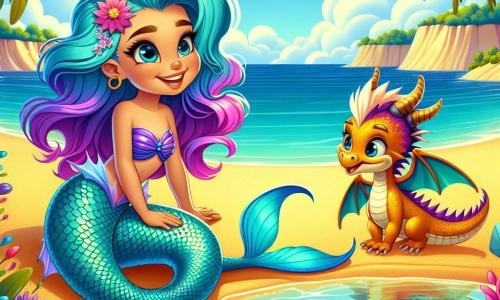Una sirena llamada Marisol, con largos cabellos ondulados de colores turquesa y violeta, se encuentra en una playa soleada. Su cola brillante, adornada con patrones iridiscentes, brilla bajo los rayos del sol, y muestra una amplia sonrisa de asombro mientras explora el mundo más allá del océano. A su lado, un pequeño dragón llamado Drax, con escamas doradas y ojos chispeantes de curiosidad, agita sus alas con entusiasmo. Está emocionado, saltando alrededor de Marisol, listo para acompañarla en su nueva aventura. El escenario es una playa de arena dorada, bordeada de dunas ondulantes y un océano azul profundo que brilla en el horizonte. Las palmeras se balancean suavemente en la brisa, y flores coloridas añaden un toque de magia al entorno. La situación principal muestra a Marisol y Drax descubriendo un pequeño oasis escondido, donde se detienen para admirar la belleza del lugar. Marisol se agacha cerca del agua clara, asombrada por su reflejo, mientras Drax se acerca con curiosidad, listo para explorar este nuevo lugar mágico.