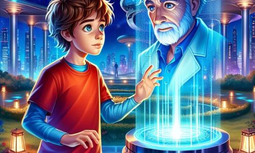 Um garoto de 10 anos, Leo, com cabelos castanhos bagunçados e olhos brilhantes de curiosidade, está diante de uma estátua misteriosa de metal brilhante, seu rosto iluminado pelo brilho das luzes da cidade. Ele usa uma camiseta vermelha vibrante e um short de jeans, e sua expressão é ao mesmo tempo maravilhada e determinada. Ao lado dele, um holograma do Dr. Orion, um cientista com cabelos grisalhos e barba bem cuidada, sorri calorosamente. Ele é projetado em azul luminoso, flutuando ligeiramente acima do solo, e parece explicar algo importante a Leo. A cena acontece em um parque futurista de Luminaris, cercado por jardins flutuantes e torres prateadas que se erguem em direção ao céu estrelado. Drones sobrevoam suavemente a área, acrescentando um toque de tecnologia ao ambiente pacífico. Leo, intrigado, aperta um botão da estátua, que começa a se abrir, revelando uma luz radiante e uma passagem secreta. A atmosfera está cheia de excitação e mistério, ilustrando o momento em que Leo descobre o segredo oculto da cidade.