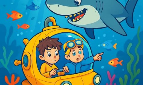 There are two main characters: Max, a 10-year-old boy with messy brown hair and sparkling eyes, wearing a bright yellow diving suit and focused at the submarine's controls; and Leo, also 10, with blonde hair and diving goggles on his forehead, wearing a blue diving suit and pointing at the large shark surrounding them. The setting is a magical underwater world filled with colorful corals and multicolored fish swimming around. Rays of light filter through the clear water, illuminating the strange shapes of rocks and dancing seaweed. The main situation shows the yellow submarine vibrating from the impact of the giant shark circling around, with a curious expression on its face. Max and Leo, visibly surprised, try to remain calm as the submarine gently sways.