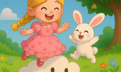 A radiant five-year-old princess with braided blonde hair and a pink ruffled dress decorated with hearts laughs as she skips on a fluffy cream cloud while a white soft rabbit named Bouncy with big pink ears leaps beside her; the smiling cloud carries them gently above a bright green meadow with waving grass, colorful flowers, a sparkling stream, and a friendly tree with shiny leaves that tinkle in the breeze, the scene conveying joy, wonder, softness, and light motion.