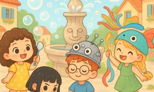 There are 4 children: Mia, an 8-year-old girl with curly brown hair and sparkling eyes, wearing a yellow polka dot dress, stands on the left holding a large bottle of soap bubbles. Lila, an 8-year-old girl with blond braided hair and a mischievous smile, wears a fish-shaped hat and a green dress, stands on the right waving colorful ribbons. Sam, a 9-year-old boy with messy red hair and round glasses, dressed in a blue t-shirt, sits in the center with a makeshift helmet on his head, with wires and googly eyes sticking out. Jo, an 8-year-old girl with black bobbed hair and a focused look, wearing red overalls, crouches in front of the group, drawing on the ground with multicolored chalks. The setting is a sunny village square, surrounded by houses with colorful facades and vibrant flowers. In the center stands a stone fountain with a slightly smiling sculpted face, surrounded by floating bubbles and ribbons dancing in the wind. The main scene shows the children performing their 