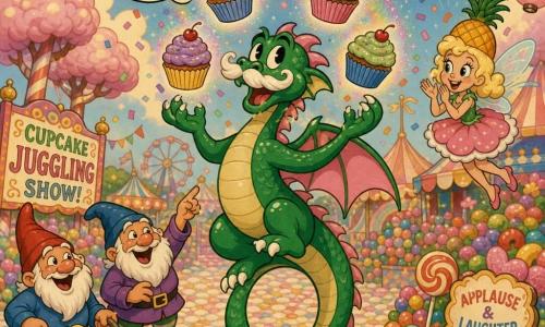A joyful, focused male dragon with shiny emerald scales, candy-pink wings and a white icing mustache balances on his raised tail while juggling sparkling rainbow-glitter cupcakes that float like clouds; Pixie Flossy, a small bubbly blonde woman wearing a pineapple hat, flies at his shoulder, clapping amid confetti; two gnome men in striped socks and pointy hats stand by candy-bushes, one with a wheelbarrow of rubber ducks and the other laughing and pointing; the scene is a colorful fair with pearled sugar paths, multicolored jellybean bushes, pink marshmallow trees, patterned bunting, confetti-dusted ground and hanging lanterns, the crowd laughing and applauding as the dragon counts down in a retro cartoon style with saturated colors and soft late-afternoon light.