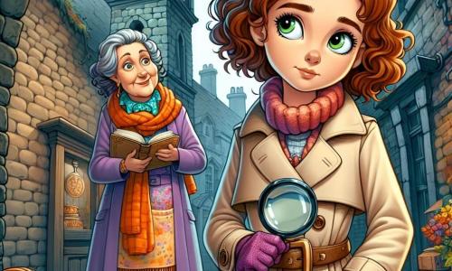 Clara Finch, a 10-year-old girl with curly auburn hair and sparkling green eyes, stands determinedly in front of an old stone clock. Wearing a beige trench coat and holding a magnifying glass, she is ready to solve the mystery of the stolen brooch. Beside her is Mrs. Jenkins, a warm-smiling woman in her fifties with gray hair, admiring Clara while holding a basket of pastries. Miss Lila, a colorful-haired artist in her thirties with vibrant clothing, stands a bit back, intrigued by the investigation while holding a sketchbook. The scene takes place in a narrow, shaded alley lined with old brick walls, with autumn leaves scattered on the ground. The majestic yet weathered stone clock looms at the end of the alley, creating a mysterious atmosphere. Clara is focused on examining a clue found near the clock's base, while Mrs. Jenkins and Miss Lila exchange encouraging glances, ready to assist her in the quest to find the precious brooch.