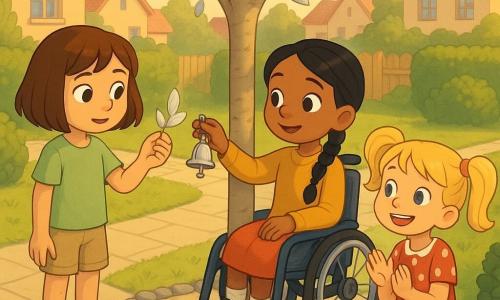Three 7-year-old girls gather around a slender tree with silver, mirror-like leaves in a walled village garden: Mira, with brown bobbed hair, bright eyes and a light green t-shirt and beige shorts, stands left of the tree looking at the shiny bell in her hand; Sara, blond in pigtails with a wide smile and a red polka-dot dress, sits right of the tree applauding lightly; June, in a midnight-blue wheelchair with star stickers, braided black hair and a mustard sweater, sits center-front with a silver leaf on her lap and her hand on the trunk. The garden has pale flagstones, pebble-lined paths, clipped shrubs and a central ring of flat stones around the tree; the scene is calm and attentive in soft, golden late-afternoon light with long shadows and pastel colors.