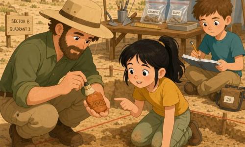 A gentle bearded archaeologist wearing a wide beige hat and brown soft boots is crouched, carefully brushing a small orange-brown potsherd; Mina, about 9, with black hair in a ponytail kneels beside him, pointing at the shard with a curious bright face and slightly dusty knees; Jo, about 10, with short chestnut hair sits slightly behind with an open notebook and pencil, recording measurements next to a small labeled bag. The outdoor sandy ochre-and-beige excavation has squares marked by red strings on wooden pegs, a small white tent with pale-blue stripes and a wooden table with trowel, brush, ruler and labeled plastic bags; a small pebble engraved with a wave motif lies beside the shard, suggesting they match. Warm palette (sand, orange, pale green), clean lines, simple shapes and soft contrasts for a childlike rendering.