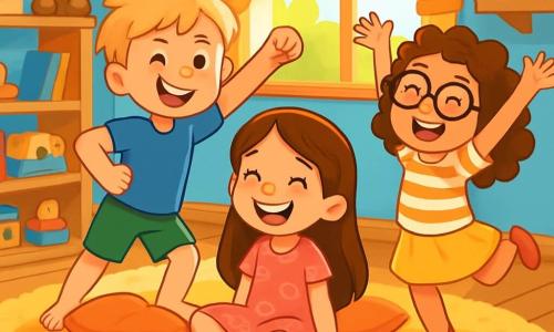 There are three characters: Mia, a 7-year-old girl with long brown hair and sparkling eyes, wearing a floral pink dress and sitting on a fluffy rug surrounded by colorful cushions; Ben, a 7-year-old boy with messy blonde hair and a big smile, standing next to Mia in a blue t-shirt and green shorts, striking a funny superhero pose; and Lily, a 6-year-old girl with curly hair and round glasses, wearing a yellow skirt and a striped t-shirt, joyfully dancing around Mia and Ben with her arms raised. The setting is a warm, light-filled bedroom with light blue walls, a large fluffy rug in the center, and cushions scattered around. Wooden toys and books are visible on shelves, and sunlight streams in through a window, brightening the room. The main scene shows the three friends laughing and playing together, with Mia smiling on the rug, Ben making a funny pose, and Lily dancing around them, creating a joyful and energetic atmosphere that illustrates the power of friendship and laughter to overcome tough moments.