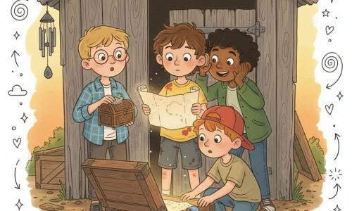 Four boys around 8 years old discover a softly vibrating map behind their grandmother’s wooden shed: Milo, tousled brown hair, stained yellow t‑shirt, scraped knees, holds the rolled map at the center with an awed look; Jasper, short blond hair and round glasses in a blue plaid shirt, dusts an old wooden box to Milo’s left, eyebrow raised; Theo, curly black hair in a green jacket, leans in to Milo’s right with his ear close to the map and a mischievous smile; Ben, red hair, freckles and a red baseball cap worn backwards, plucks a blue ribbon hanging from the map, slightly forward of the group. The dirt floor is strewn with wood chips and crushed strawberries; cracked shed boards, a small wooden box tucked under a plank and a metal wind chime swaying in the breeze set the scene, with warm sunset light and simple doodles (stars, arrows, a smiling moon) emphasizing a magical, childlike atmosphere.