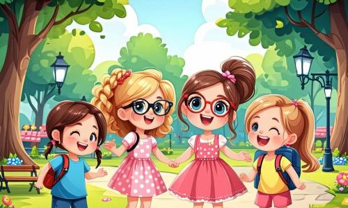 In a colorful park in Whimsyville, four girls around 10 years old stand together, ready for adventure. Mia, with her brown braided hair and blue t-shirt, smiles enthusiastically. Lila, with curly blonde hair in a pink polka dot dress, winks mischievously. Zoe, wearing round glasses and a red ponytail, bursts into laughter, while Tilly, with short black hair in green shorts, raises her arms energetically. The park is filled with giant brightly colored flowers, candy-shaped clouds, and a bright blue sky. In the center, a huge sparkling pink cloud floats with a large magical teacup emitting sparkles. The four friends have just tasted a magic potion from the cup, and they joyfully float in the air, laughing and having fun, while a giant snail with stars on its shell looks at them in surprise.