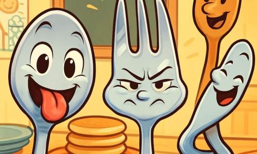 A small shiny metal spoon, Sammy, with a big mischievous smile and sparkling eyes, is making a face and sticking out his tongue, his cheeks round and colorful. Next to him, his sister Sally, an elegant fork with shiny tines, squints while making a funny pout, her expression full of determination and joy. A little further back, Finn, a butter knife with a soft blade and an amused look, bends his handle into a comical shape, laughing at the situation. 

The scene takes place in a warm kitchen filled with golden light, featuring a large wooden table, colorful plates, and stacks of pancakes rising like delicious mountains. The walls are decorated with children's drawings and cheerful flower pots. 

The three characters are in a competition to see who can make the funniest face, each trying to outdo the other with hilarious expressions, while their mother, a smiling spatula, watches them laughing, adding a touch of family warmth to this amusing scene.