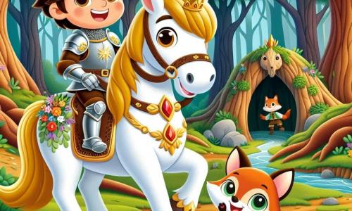 Um cavaleiro corajoso, Sir Lúcio, um jovem de cabelos castanhos e olhos brilhantes, está orgulhosamente montado em seu cavalo, Estrela, um magnífico cavalo branco com crinas douradas. Sir Lúcio veste uma armadura brilhante decorada com padrões de flores e um grande sorriso no rosto, demonstrando sua determinação e alegria. Ao seu lado, Tica, uma pequena raposa de olhos vivos e pelagem ruiva, pula de felicidade, com as orelhas em pé, expressando sua alegria por estar com seu novo amigo. A cena acontece na Floresta Misteriosa, onde grandes árvores com troncos retorcidos se elevam em direção ao céu, suas folhas verdes filtrando a luz do sol. Flores coloridas enfeitam o chão, e um pequeno riacho brilha nas proximidades, acrescentando um toque de magia ao ambiente. Sir Lúcio e Tica estão diante da entrada de uma caverna escura e misteriosa, onde um tesouro cintilante os aguarda. A atmosfera está cheia de excitação e aventura, enquanto se preparam para descobrir o segredo escondido dentro da caverna.