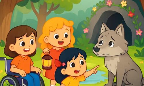 Hay 4 personajes: - Carmen: una niña de 8 años, con cabello castaño y ojos brillantes. Está sentada en una silla de ruedas brillante, sonriente y llena de coraje. - Ana: una niña de 7 años, con cabello dorado rizado y una gran sonrisa. Está de pie junto a Carmen, sosteniendo una pequeña linterna. - Lucía: una niña de 8 años, con cabello negro y un bonito lazo rojo. Está un poco adelante, señalando la caverna misteriosa. - El lobo: un gran lobo de pelaje gris plateado, con ojos dulces y tristes. Está sentado sobre una roca, mirando a las niñas con curiosidad. El lugar se desarrolla en un claro encantado, rodeado de grandes árboles con hojas verdes brillantes. El suelo está cubierto de flores coloridas, y en el centro, una fuente de agua clara brilla bajo el sol. Al fondo, se alza una caverna oscura y misteriosa, adornada con flores silvestres. La situación principal muestra a los cuatro personajes encontrándose en el claro. Las niñas, con expresiones de emoción y curiosidad, se acercan al lobo que las observa con una mezcla de sorpresa y amabilidad. Los rayos del sol filtran a través de los árboles, creando una atmósfera mágica y acogedora.