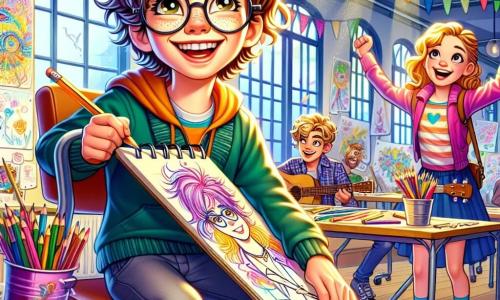 A 12-year-old boy, Ryan, with messy brown hair and round glasses, is sitting on a wheeled chair, a big smile on his face. He holds an open sketchpad on his lap, his eyes shining with excitement as he draws with bright colored pencils. Next to him, an 11-year-old girl, Mia, with curly hair and pink glasses, watches Ryan's drawing attentively, an encouraging smile on her lips. A 12-year-old boy, Leo, wearing a baseball cap and with a guitar slung on his back, stands behind them, clapping to the rhythm of the music he is creating. The setting is a bright community center room, decorated with colorful drawings on the walls and tables filled with art supplies. Sun rays filter through the windows, bathing the space in a warm glow. The main scene shows Ryan, Mia, and Leo collaborating on an art project, surrounded by enthusiastic peers, all immersed in a moment of joyful creativity and camaraderie.