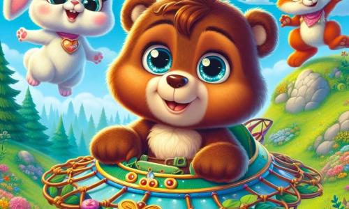 In the center of the image, Benny, a small brown bear with sparkling eyes and soft fur, is sitting in a colorful flying machine made of branches and leaves. He has an expression of joy mixed with a hint of nervousness, his paws stretched towards the sky, ready to take off. To his right, Lily, a small white rabbit with large ears and an encouraging smile, jumps enthusiastically, her eyes shining with pride. She wears a small pink bow on her head and seems ready to cheer him on. To the left, Max, a red squirrel with silky fur and a bushy tail, climbs on a rock, arms raised in support, with a determined and joyful look. The setting is a green hill dotted with colorful flowers, under a bright blue sky with fluffy clouds. In the background, majestic trees stand tall, creating an atmosphere of magic and adventure. The scene captures the moment when Benny, with his friends, is preparing to try flying for the first time, illustrating self-confidence and the importance of friendship.