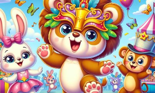 Um adorável ursinho de pelúcia chamado Biscoito, com pelagem marrom macia e olhos brilhantes de alegria, dança entusiasticamente no meio de um carnaval colorido, usando uma magnífica máscara de leão. Ao seu lado, uma coelhinha charmosa chamada Lila, com grandes orelhas e um laço rosa na cabeça, sorri enquanto bate asas de borboleta multicoloridas. Um alegre macaquinho chamado João, vestido com uma capa de mágico brilhante, faz gestos divertidos para entreter a multidão. O cenário está cheio de confetes flutuantes, balões coloridos e barracas de guloseimas, sob um céu azul radiante. A cena mostra Biscoito, Lila e João dançando alegremente, cercados de risos e cores, celebrando juntos a magia do carnaval.